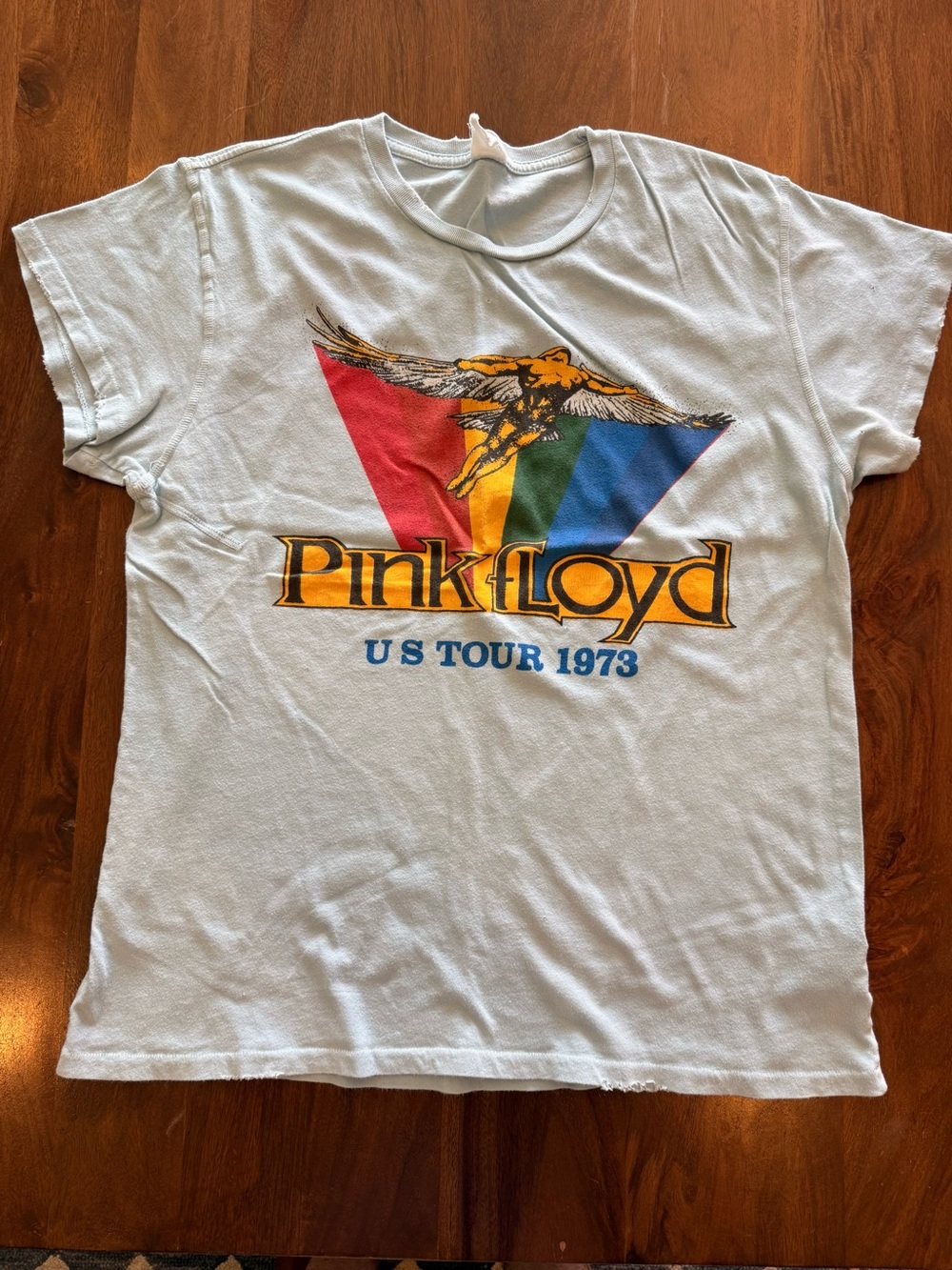MadeWorn Pink Floyd Light Blue Tee with Rainbow Triangle and Eagle Graphic